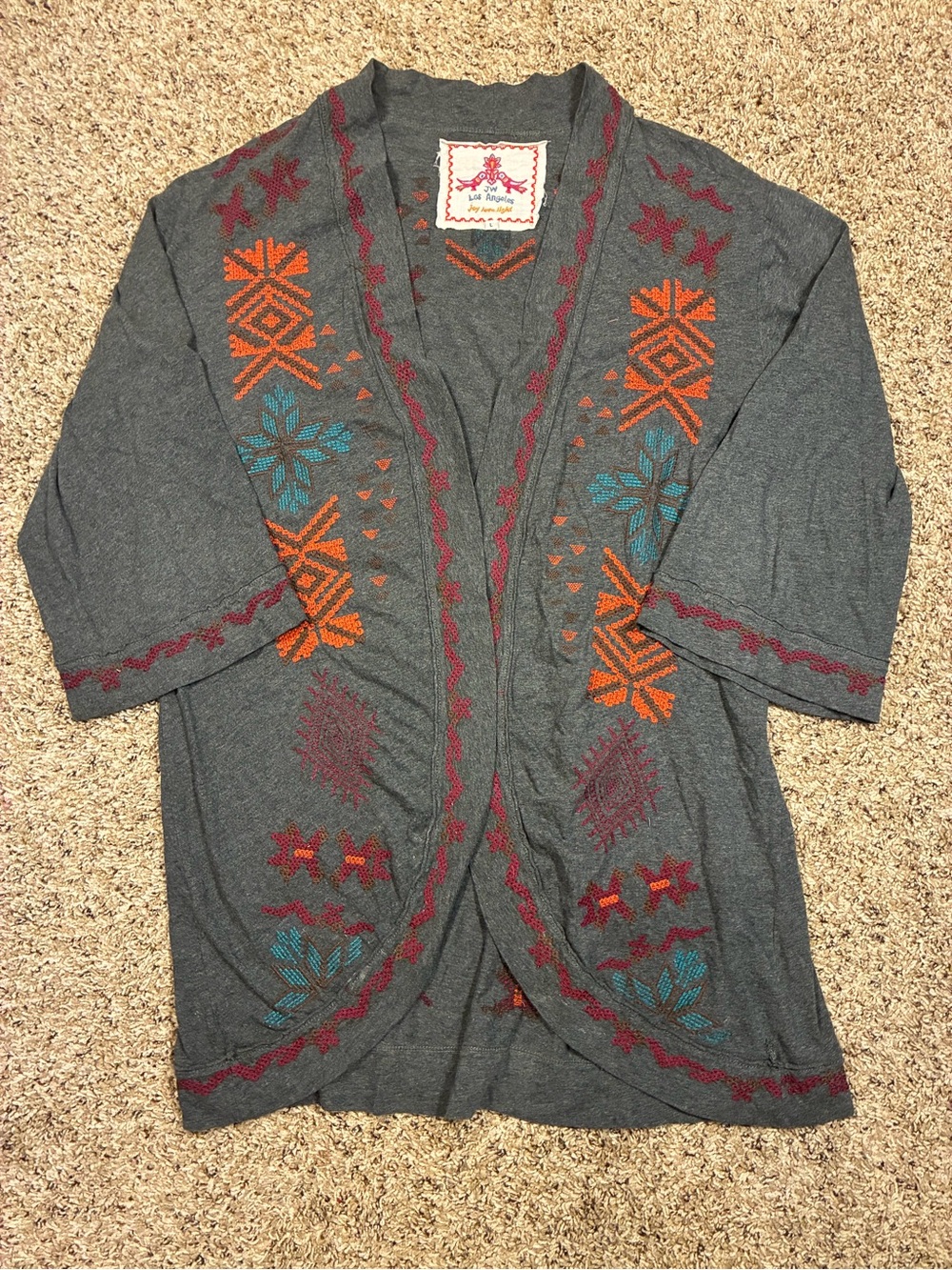 JW Johnny Was Los Angeles Embroidered Open Front Lightweight Cardigan Kimono